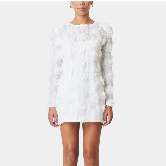 elliatt yara white 3d floral rosette sheer long sleeve mini bridal dress small - Picture 6 of 9